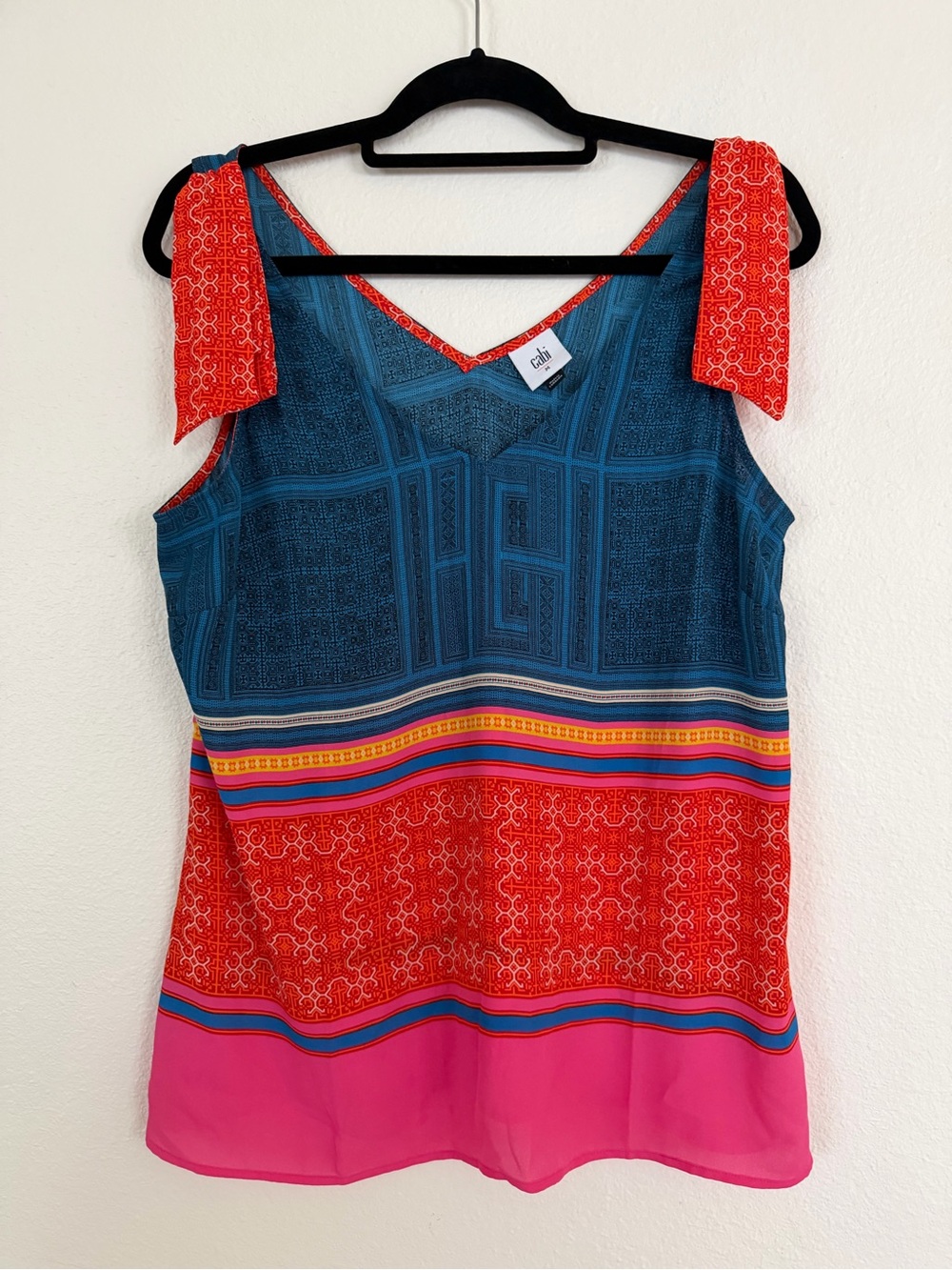 CAbi Nomad Tank Top Blouse M Multicolor Print Sleeveless V Tie Shoulder T119